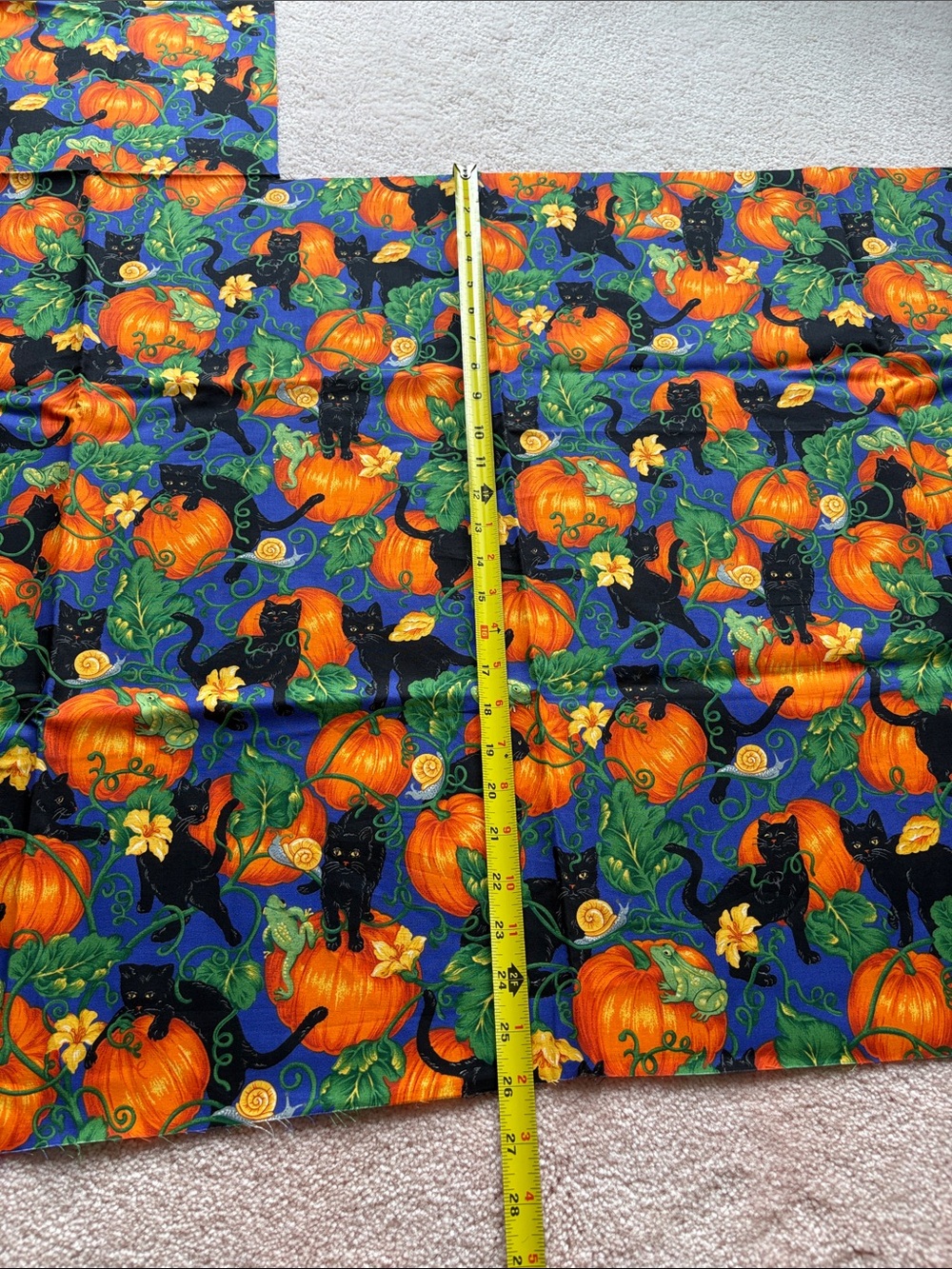 Halloween Black Cats & Pumpkins Cotton Fabric - Vibrant Orange and Green on Blue - Picture 3 of 6
